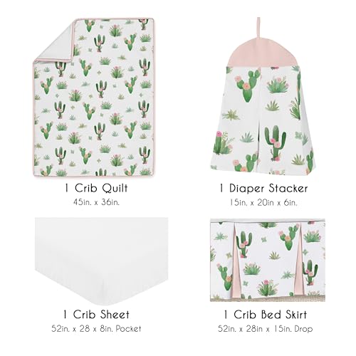 Image of Sweet Jojo Designs 4-Piece Baby Crib Bedding Set (Cactus Boho Floral) for Girls, Infants /Nursery incl. Blanket, Fitted Sheet, Skirt, Diaper Stacker (Shabby Chic, Bohemian, Farmhouse, Flower, Desert)