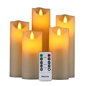 HANZIM LED Candles,Flameless Candles 5″6″7″8″9″ Set of 5 Real Wax Battery Candle Pillars, Realistic Dancing Mood Candles and 10 Key Remote Control with 24 Hour Timer Function (Ivory)