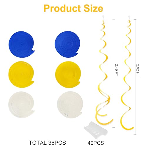 Image of 36 Pcs Royal Blue Yellow White Hanging Swirl Decoration Felt Swirl Streamer Spiral Ceiling Decorations Garland for Graduation Birthday Wedding Retirement Nautical Ahoy Achor Party Supplies