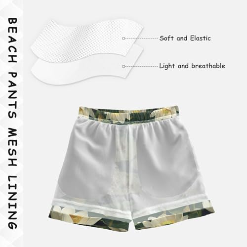 Pigsaly Boys' Swim Board Shorts White Lotus Flowers Watercolor Green Frogs Boy's Swim Trunks Kids Swimwear XS4