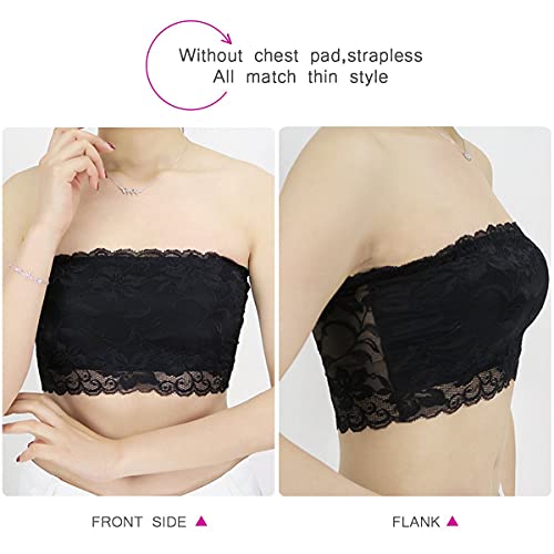 Amosfun 3Pcs Women's Floral Lace Stretchy Strapless See Through Bandeau Tube Top With Bra-S #TOP2