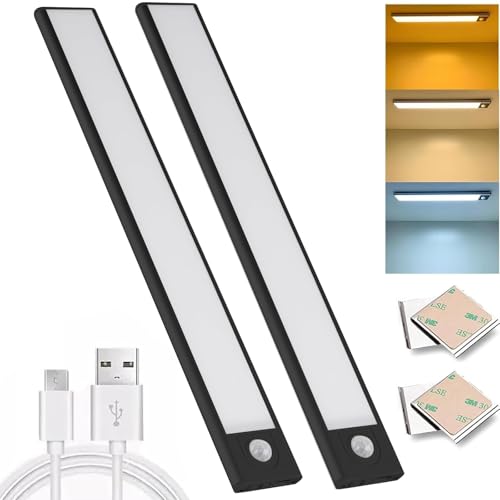 Seguridad, 30CM luz led con sensor de movimiento,lampara sensor de movimiento USB inalámbrico lampara led recargable,luces para closet,Escaleras y Pasillos,Negro(2...