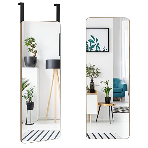 COSTWAY Over The Door Mirror Bamboo Frame Hanging Vanity Full Length Mirror with 2 Hooks and Round Corners 100x35cm Rectangle Door Hung/Wall Mounted Mirrors for Bathroom Bedroom Wardrobe