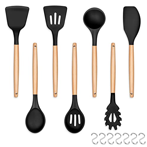 Kitchen Utensils Set, HaWare 7 Pcs Silicone Cooking Utensils with Wooden Handle, Includes Spatula/Ladle/Slotted Turner/Serving Spoon/Pasta Server, Non-Stick Cookware Friendly & Heat Resistant-Black Kitchen Utensils Set, HaWare 7 Pcs Silicone Cooking Utensils with Wooden Handle, Includes Spatula/Ladle/Slotted Turner/Serving Spoon/Pasta Server, Non-Stick Cookware Friendly & Heat Resistant-Black