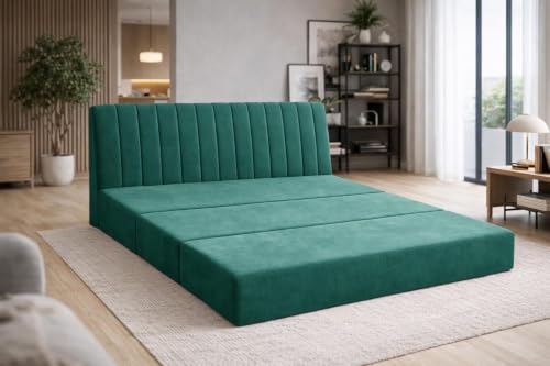Image of Deco Studio 3-Seater Convertible Floor Sofa Bed Modern Velvet Fabric Folding Couch for Living Room, Guest Room & Small Spaces-Green