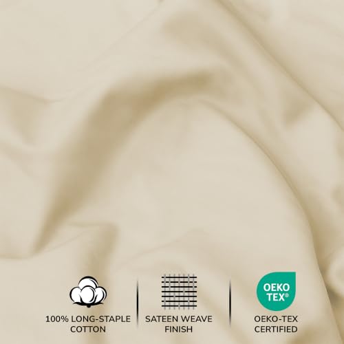 Image of Feather & Stitch 500 TC Split King Size Sheet Set, 5 Piece Bed Sheets Set-2 Twin Fitted Sheet, 1 King Flat Sheet & 2 King Pillowcases, 18 inch Deep Pockets Sateen Weave Solid Bedsheet - (Solid Beige)