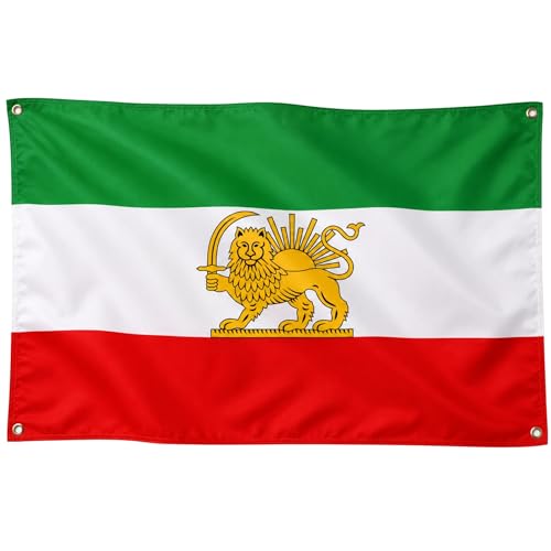 Runesol Old Iran Flag 91x15cm 3x5ft 4 Grommets Lion and Sun Flag Former Iranian Banner Iran Old Persia Persian Large Flag Premium Flag Inside Outside Vivid Colours