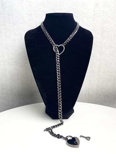 paloli Womens Slip Chain Necklace Heart O-Ring, Punk Rock Cuban Long Necklace Jewelry For Women, Adjustable Lariat Y-Necklace Heart Locker With Key3
