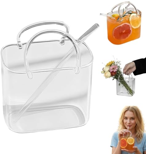 Purse Drinking Glass Glass Purse for Drinks Unique Wine Glasses with Straw Decorative Fish Bowl Vase with Straw Handbag Vases for Cute Room Decor for Fruit Juice Tea Flowers(1pc)