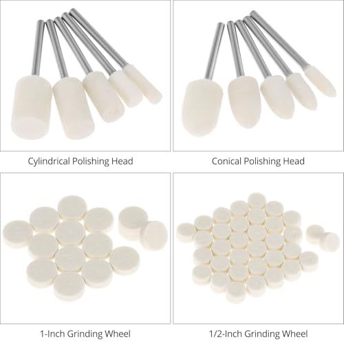 QWORK® 80-teiliges Polierscheiben Set aus Wollfilz – 1/8 Schaft für Rotationswerkzeuge – Polierzubehör für Metall, Holz & Schmuck inkl. Scheiben, Kegel & Zylinder mit Sortierbox