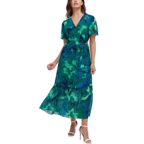 Image of Women's Summer Bohemian Floral Chiffon Dress Cap Sleeve V Neck Ruffle Long Flowy Boho Casual Vacation Dresses