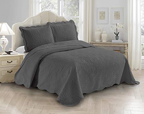 Fancy Linen 3pc Embossed Coverlet Bedspread Set Oversized Bed Cover Solid Floral Daisy Pattern New # Allis (King/California King, Charcoal)