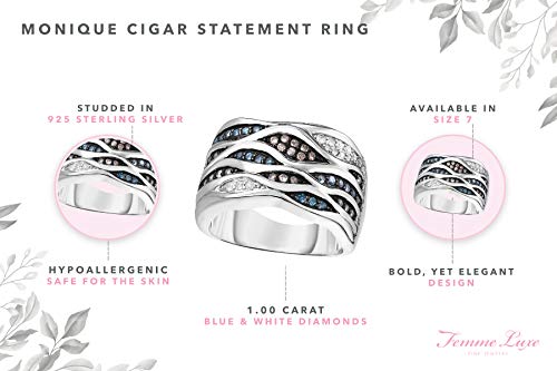 Femme Luxe Monique Embellished Cigar Ring - 0.50 Carat Blue, White and Brown Diamonds in Rhodium Plated 925 Sterling Silver, Size 7, Hypoallergenic4