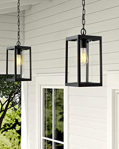 Beionxii Outdoor Pendant Light, Modern Exterior Hanging Porch Lantern, Black Cast Aluminum W/Clear Cylinder Glass - A291H-1Pk #TOP3