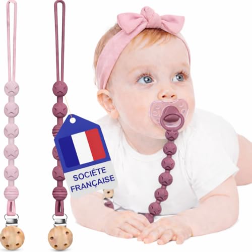 Attache Tetine (2 Couleurs) Attache Sucette - Accroche Tétine Bebe - Lot De 2 Accroches -Tétines En Silicone De Haute Qualité (Rose foncé/Rose clair)