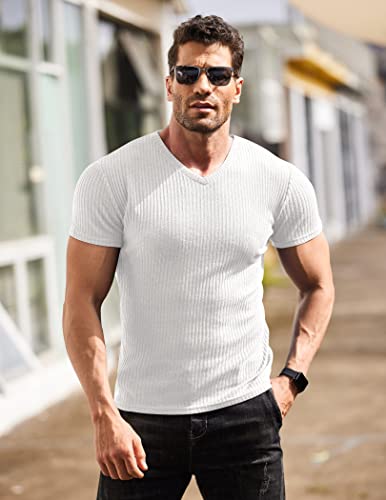 Coofandy Men's Muscle T Shirts Stretch Short Sleeve V Neck Bodybuilding Workout Tee Shirts White #TOP1