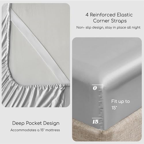 Image of MR&HM Satin Bed Sheets, Queen Size Sheets Set, 6 Pcs Silky Bedding Set with 15 Inches Deep Pocket for Mattress (Queen, Silver Grey)