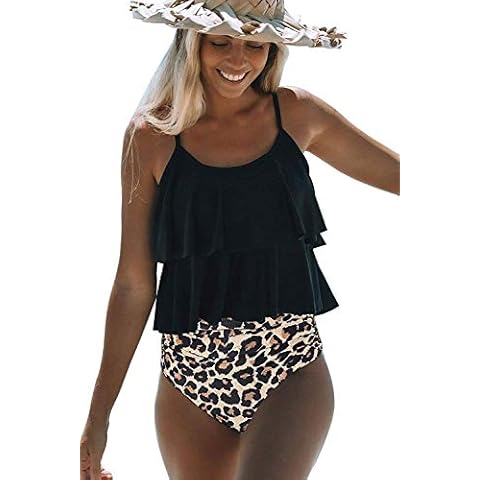 Beachsissi Tankini Swimsuit Leopard Print High Waisted Tummy Control 2 Piece Bathing Suit, M Cover