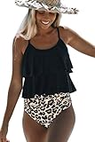 Beachsissi Damen Tankini Rüschen Zweiteiler Badeanzug Leopardenmuster Hohe Taille Bauchkontrolle Badeanzug, Leopard, XL