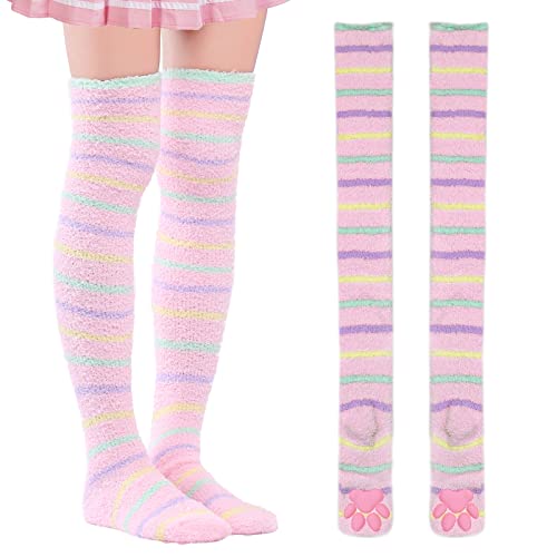 Littleforbig Knee High Cosplay 3D Paw Pad Silicone Kitten Over The Knee Coral Fleece Socks - Pink Icream