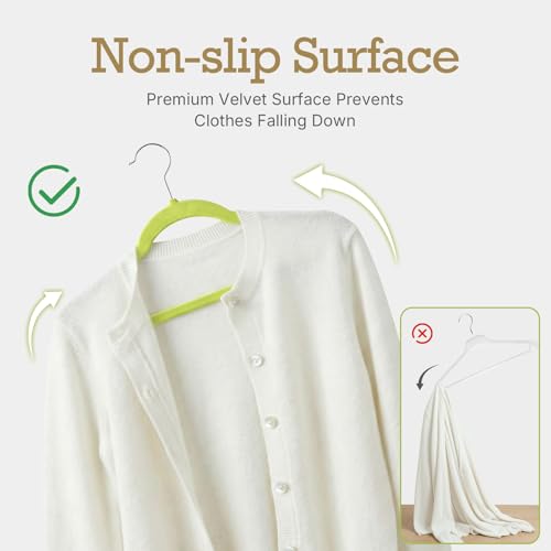 Image of HOUSE DAY Vibrant Green Velvet Hangers 60 Pack, Non Slip Clothes Felt Hanger Heavy Duty for Coat, Premium Slim Space Saving Suit Hangers for Closet Organizer, 360 Rotating Silver Hook