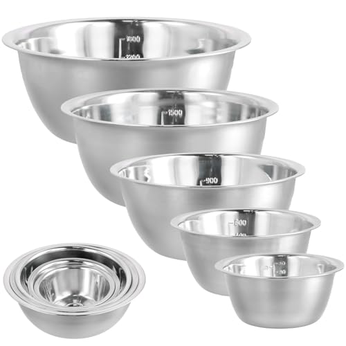 volumoon Cuencos Mezcladores, 5 Piezas Bol de Almacenamiento de Acero Inoxidable con Marcadores de Medición, Boles de Cocina, Bol Gourmet Multifuncional para Hornear, Cocinar (14/16/20/22/24 cm)