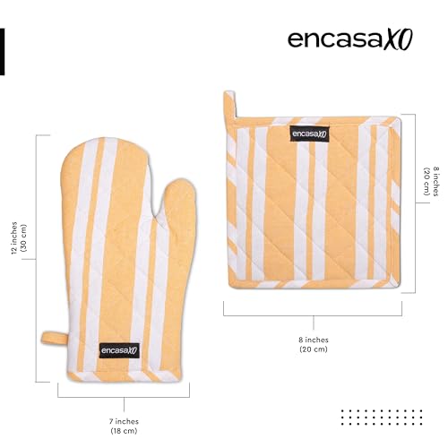 Image of Encasa XO Heat Resistant 100% Cotton Oven Glove & Potholder Set with Loop, Kitchen Cooking Mittens, Microwave Safe Hot Pads (Franca Yellow Stripes)