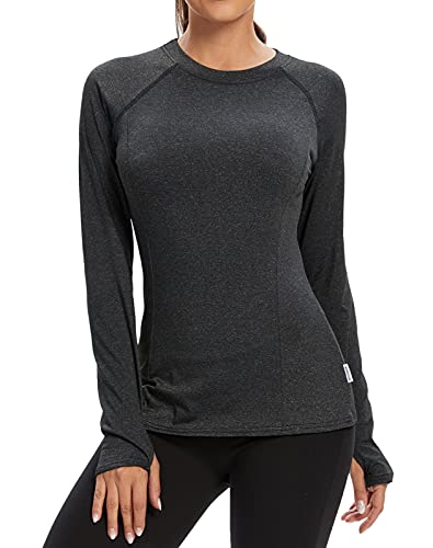 Soneven Funktionsshirt Damen Langarm Laufshirt，Sport Shirt Fleece Thermo-Laufshirt Sweatshirts mit Daumenlöche Atmungsaktive Shirt Running Longsleeve Sportoberteile Schwarz M