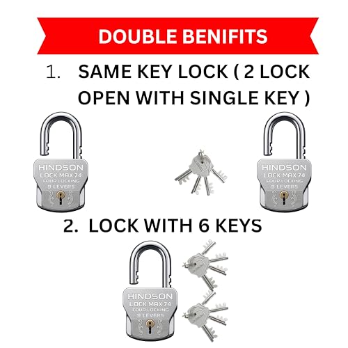 Image of Hindson Lock Max 74 Heavy Duty Padlock Set, 74mm, Silver, 4 Locking Technology, 9 Lever Mechanism, 2 Locks with 8 Same Keys, 610g