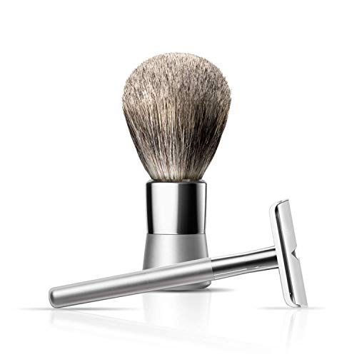 Safety Razor and Shaving Brush Bundle by Bevel - Includes Double Edge Safety Razor for Men & Vegan Hair Brush, Prevents Razor Bumps