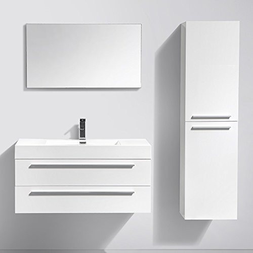 interougehome - Ensemble de Meuble de Salle de Bain en Bois avec Simple Vasque Coloris Blanc laqué Brillant - Miroir Mural - Meuble de Rangement