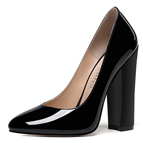 WAYDERNS Women's Slip On Party Patent Round Toe Solid Thick Sexy Block High Heel Pumps Shoes 4.7 Inch