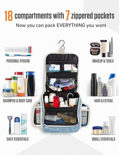 Image of VENTURE 4TH Hanging Travel Toiletry Bag, 17 Compartments - Blue Flowers | Hangs on rails, hooks or doors; stands upright too. Removable TSA pouch. Water-resistant 900D Nylon, reinforced stitching.