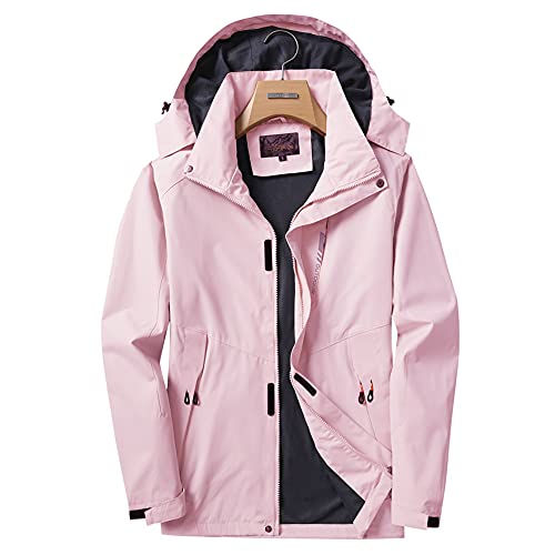 XVBVS Veste Imperméable pour Hommes Femmes, Manteaux d'alpinisme de Pêche Au Ski Chaud Manteau de Pluie en Plein Air avec Capuche Amovible pour Automne Hiver (2XL,Female Pink) Cover