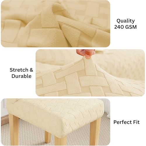 Image of Lukzer Elastic Dining Chair Cover - 6PC Pastel Yellow Basket Weave | Textured High Stretch Jacquard Seat Cover | Removable Washable Short Dining Chair Cover Protector Seat Slipcover | (CC-112-06)