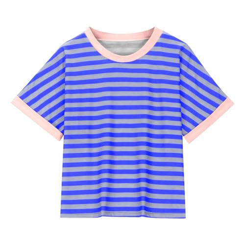 Girls Summer Tops Striped Print Color Block T-Shirts Casual Crewneck Short Sleeve Blouses 2025 Loose Fit Blouse Top4