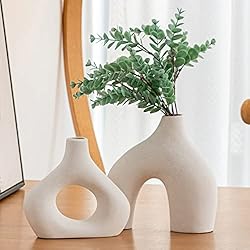 White Ceramic Vase Set of 2 for Modern Home Decor, Round Matte Donut Vases for Pampas Grass, Neutral Boho Nord