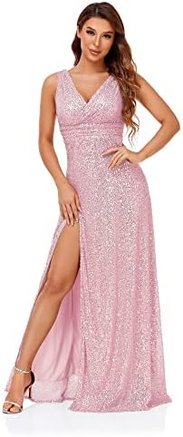 Sequin A Line V-Neck Sleeveless Maxi Evening Prom Bridesmaid Dresses Sexy  High Pleat Waist Exotic Slit Dress, Pink, Small : Amazon.sg: Fashion