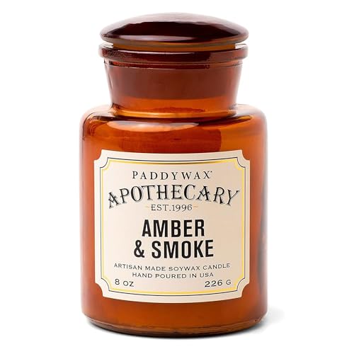 Paddywax Artisan Apothecary Scented Candle with Lid in Reusable Glass Jar, Clean-Burn Soy Candle with Approx. 54 Hour Burn Time, Amber & Smoke, 8 oz.