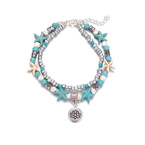 Image of Softones Blue Starfish Turtle Anklet Multilayer Charm Beads Sea Handmade Boho Anklet Foot Jewelry for Women