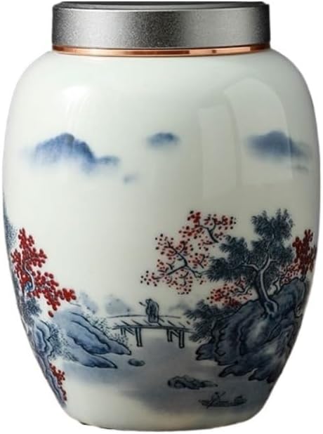 SONGCHAO Sugar Jar Creative Hand-Painted Bulk Tea Storage Jar with Lid Ceramic Small Sealed Retro Chinese Set Single Tea Canister(C)