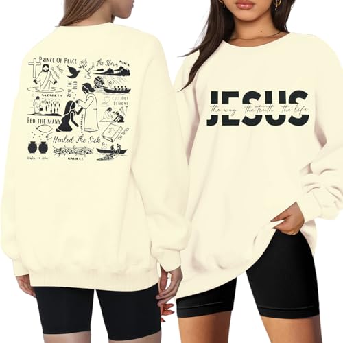 LUKYCILD Christian Sweatshirts for Women Jesus Shirts Bible Verse Inspirational Sweatshirt Oversized Graphic Pullover Tops Apricot
