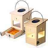 Qualirey 2 Pcs Outdoor Wood Carpenter Bee Traps, Push-Pull Drawer, Transparent PVC Panels, Pent Roof Style, Hanging Design with Solar Light, for Orchard Garden Wood House Artificial Forest