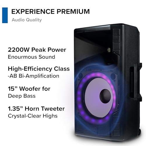 Gemini Sound GSP-L5500PK 15\" 2200W Bluetooth PA Speaker with Microphone, Stand, TWS Pairing, LED Party Lights, 3-Channel Mixer – Ideal for DJs, Events, and Parties