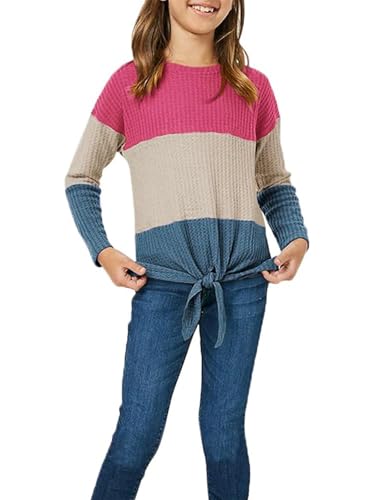 Image of Girls Waffle Colorblock Tie Top Long Sleeve Casua T Shirt Knit Tunic