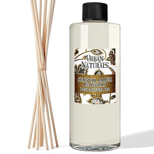 Urban Naturals Sensual Amber Blossoms Essential Oil Reed Diffuser Refill | Large 8 Ounce Size | Includes a Free Set of Reed Sticks! Made in The USA