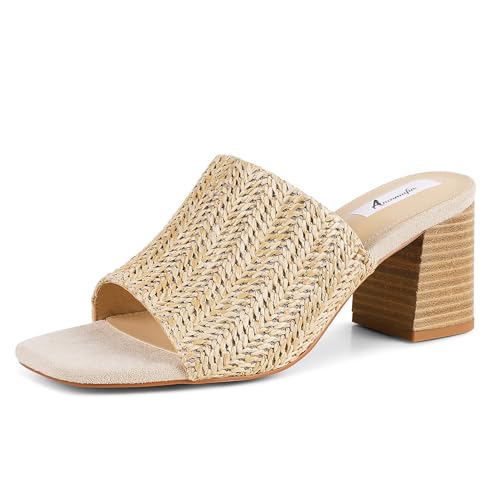Image of Ancomafio Heeled Sandals for Women,Raffia Sandals 2026 Chunky Heels Square Toe Mules Block Summer Shoes Slip On