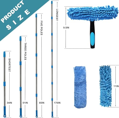 Image of 20+ Feet Reach Blue 2 in 1 Window Washing Squeegee & Duster with 3-14 ft Spliceable Extension Pole / / Window Cleaning Tool & Window Washer Squeegee for Home Indoor Outdoor Window Washing