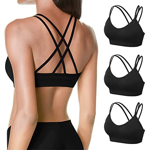 Image of VEQKING Strappy Cross Back Women Sports Bra Pack for Medium Support Workout | Removable Padded Cups, Spaghetti Strap, Comfort Seamless Wirefree, Soft Breathable Fabric, for Gym /Yoga /Pilates /Walking /Daily