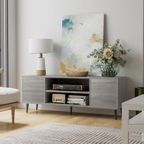 JUMMICO TV Stand for 65 Inch TV, Mid Century Modern TV Stand, Entertainment Center with Storage Cabinet and Open Shelves, TV Console Table Media Cabinet for Living Room, and Bedroom (Light Gray)